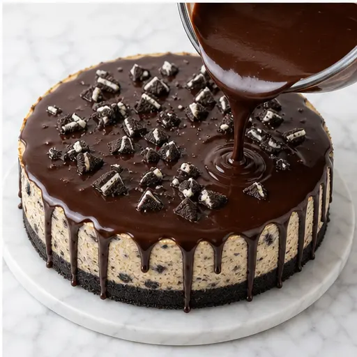 Step 4: Pouring chocolate ganache over finished cheesecake