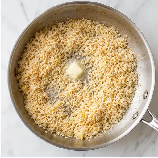 Step 2: Toasting white rice until golden in the skillet