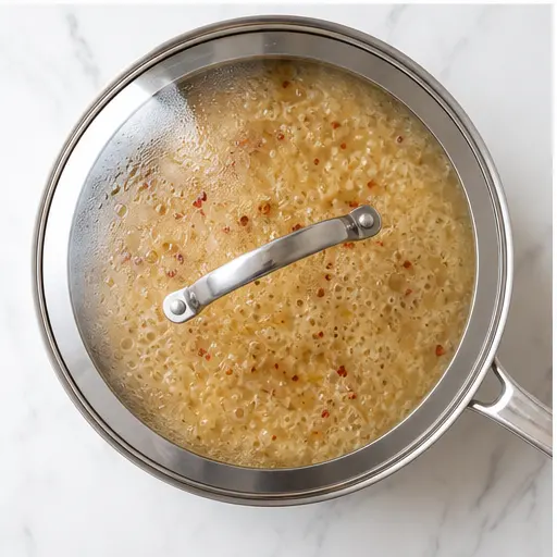 Step 3: Simmering rice in chicken stock with red pepper flakes