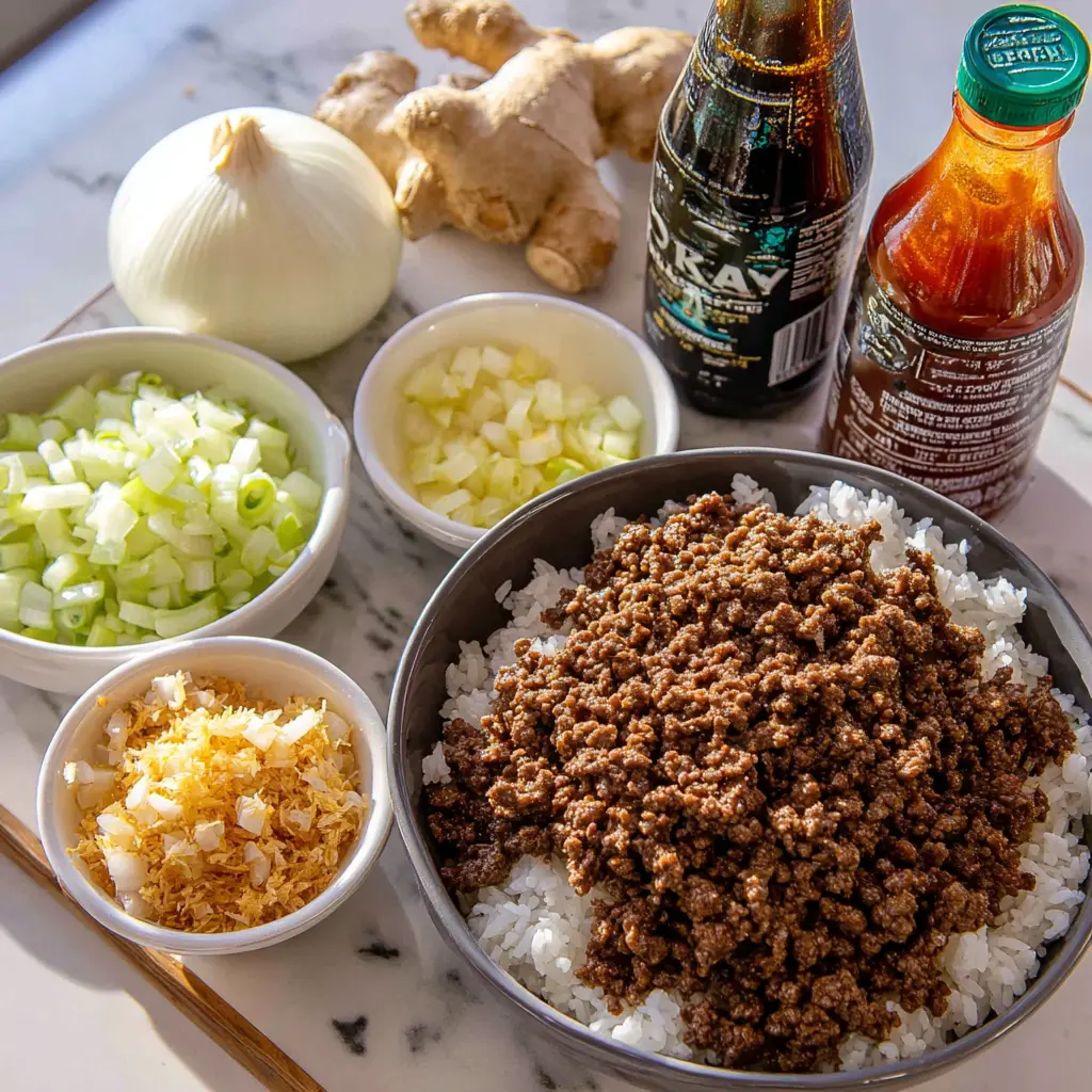 crispy rice beef bowl - main ingredients