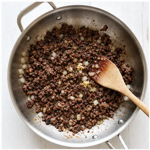 Step 1: Browning the ground beef with onion and garlic