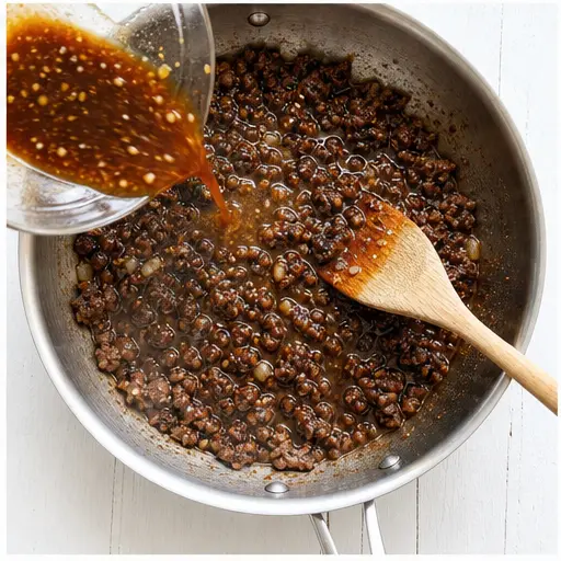 Step 3: Pouring the sauce over the crispy beef