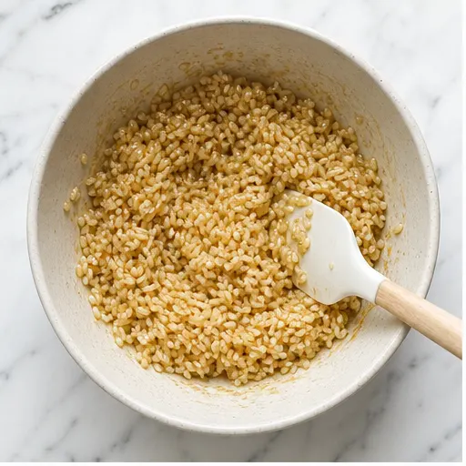 Step 1: Mixing seasoned rice with sesame oil and garlic