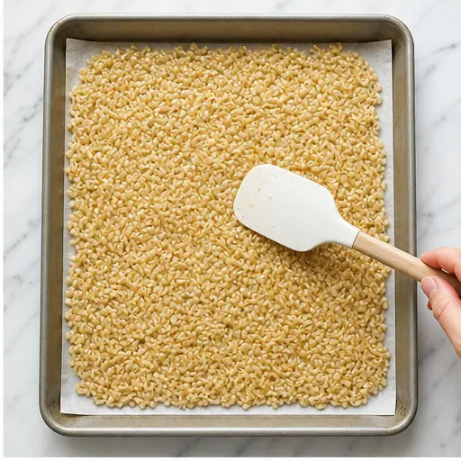 Step 2: Spreading rice into thin even layer on pan