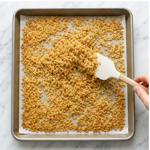 Step 3: Tossing rice halfway through baking for even browning