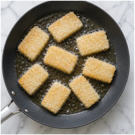 Step 3: Cut rice into rectangles and pan-fry until golden
