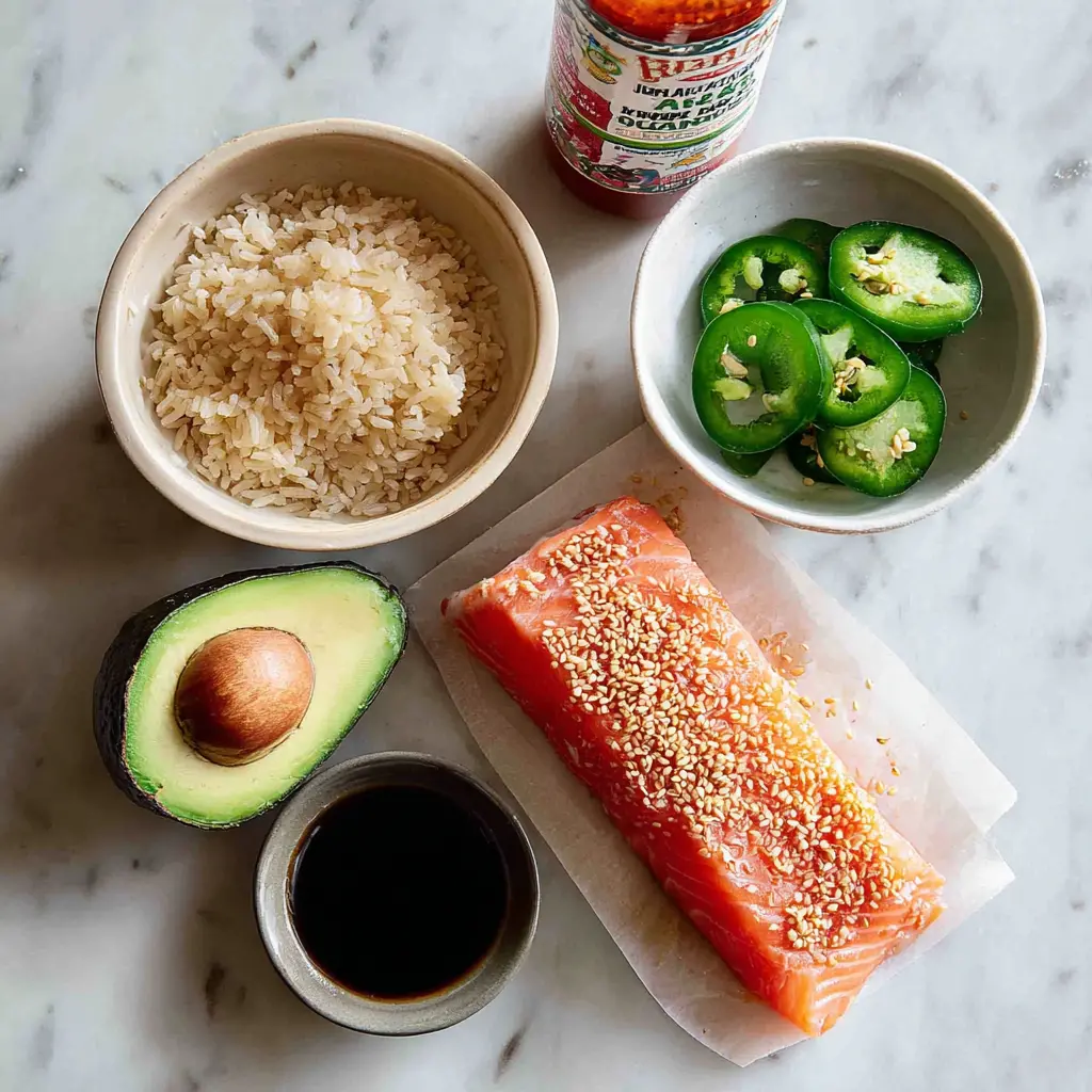 crispy rice salmon stack - main ingredients