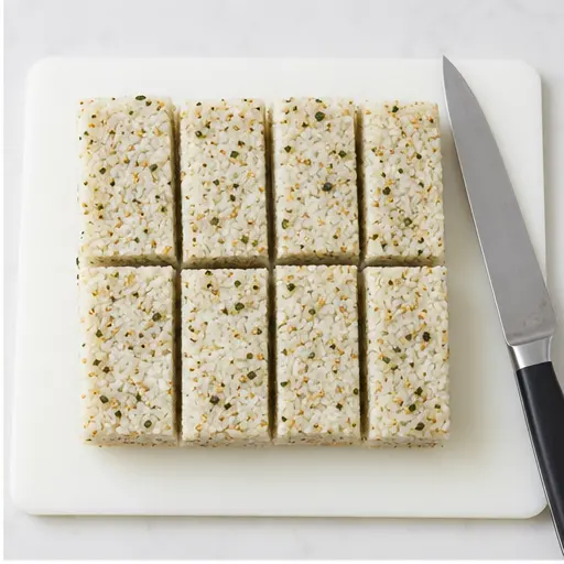 Step 2: Cutting frozen rice block into rectangles