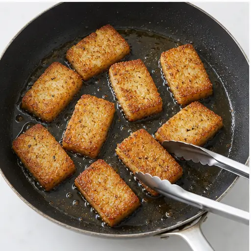 Step 3: Frying rice rectangles until golden brown