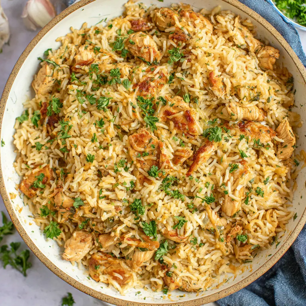 garlic butter chicken rice skillet bowl - final presentation