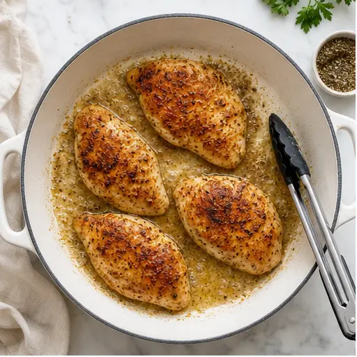 Step 1: Searing seasoned chicken fillets in melted butter