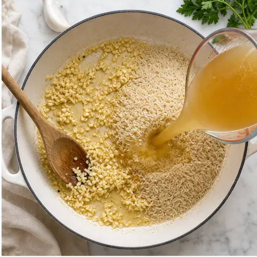 Step 2: Adding garlic, rice, and broth to the skillet