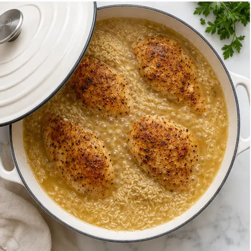 Step 3: Nestling seared chicken back into the simmering rice