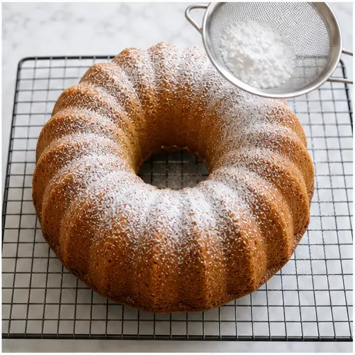 Step 4: Dusting cooled cake with powdered sugar