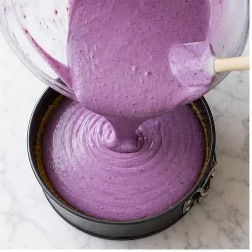 Step 1: Pouring the blended blueberry cheesecake batter into a springform pan