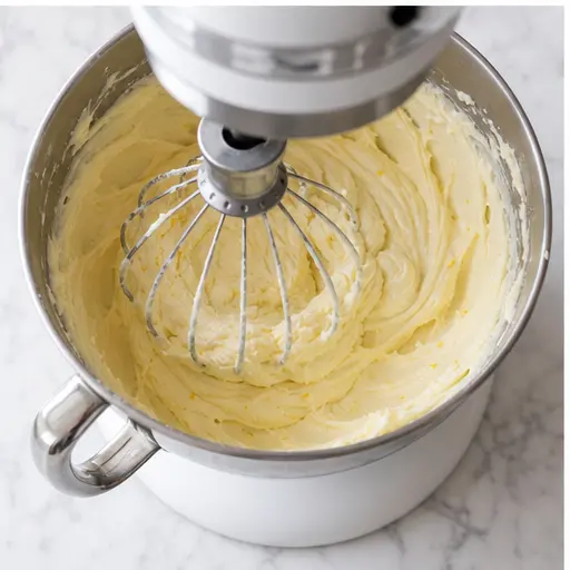 Step 3: Beating the lemon cream cheese frosting until smooth and fluffy