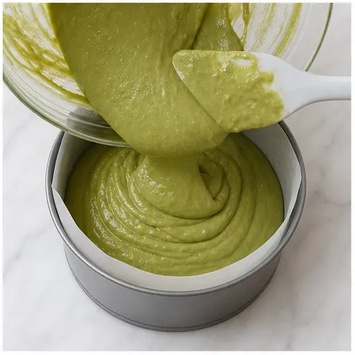 Step 4: Pouring the thick green batter into prepared pans