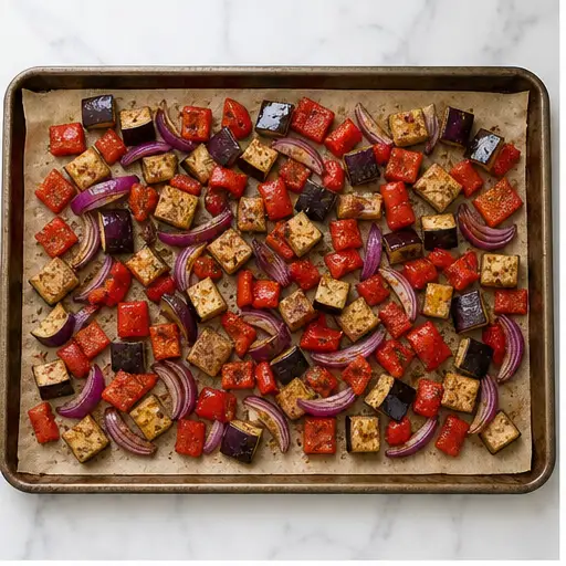 Step 1: Tossing cubed eggplant, onion, and bell pepper with olive oil and spices on a baking sheet