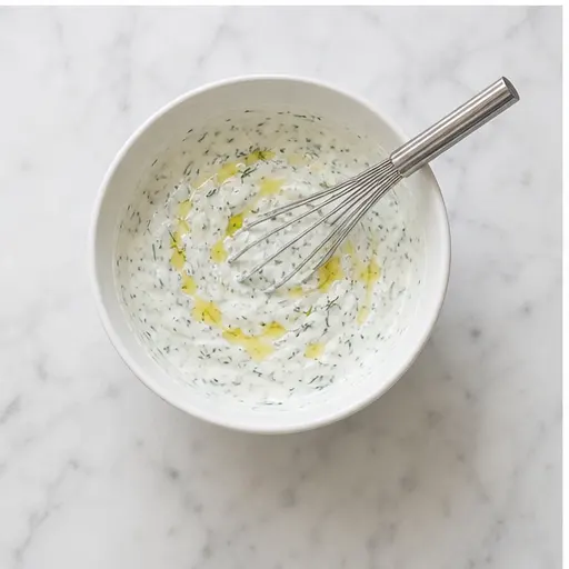 Step 3: Whisking together Greek yogurt, lemon, garlic, and dill for the sauce