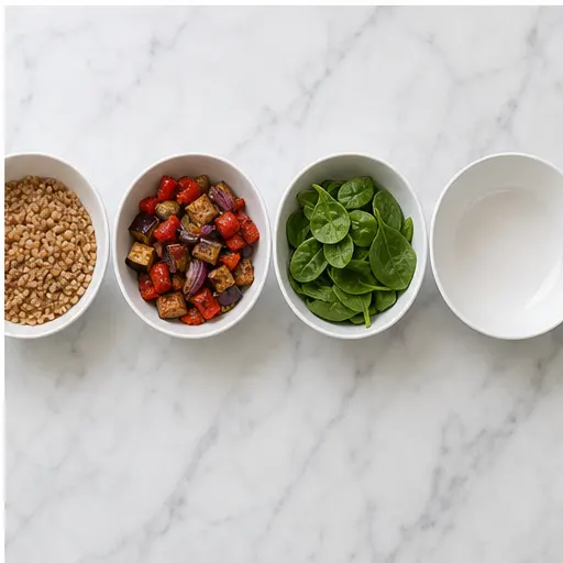 Step 4: Assembling the final bowls with farro, spinach, roasted vegetables, and yogurt drizzle