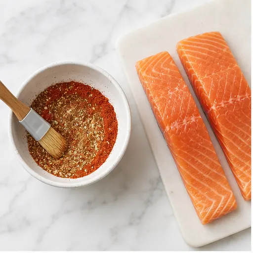 Step 1: Whisking spice rub and coating salmon fillets