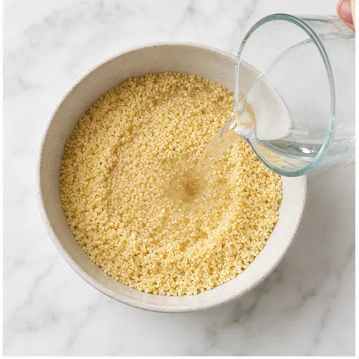 Step 2: Pouring hot water over dry couscous to steam