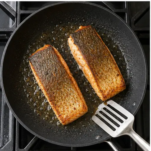 Step 3: Pan-searing spiced salmon fillets until golden