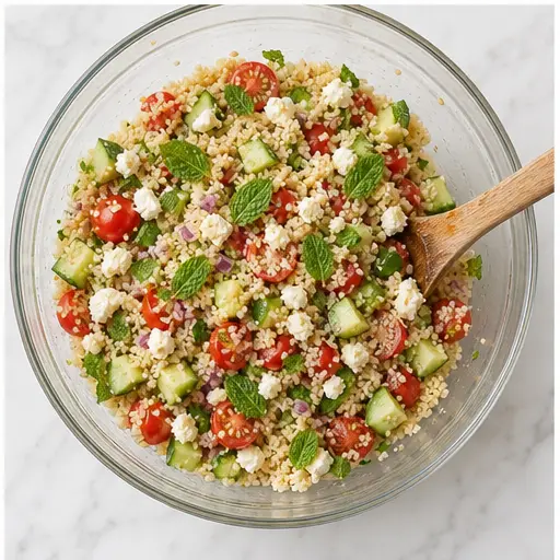 Step 4: Tossing the finished couscous salad with vegetables and feta