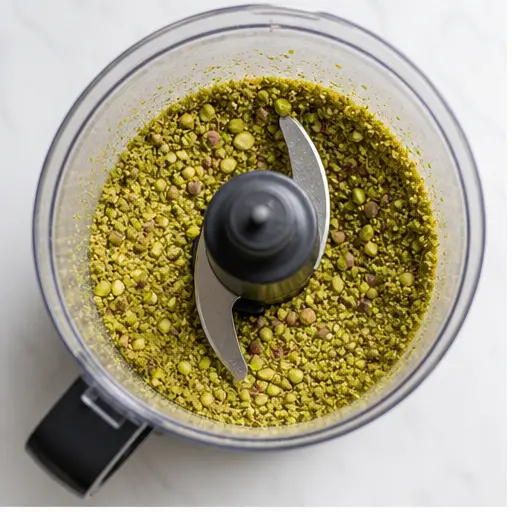 Pulse pistachios into coarse meal