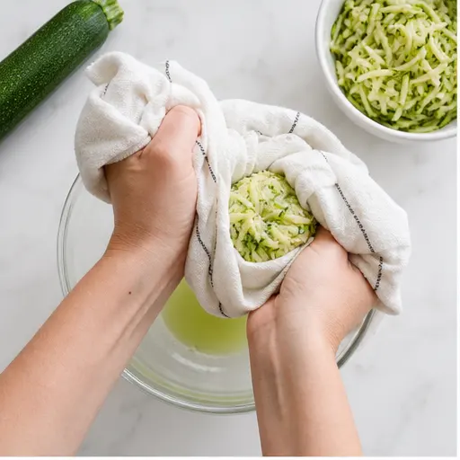Step 1: Wringing out shredded zucchini in a kitchen towel