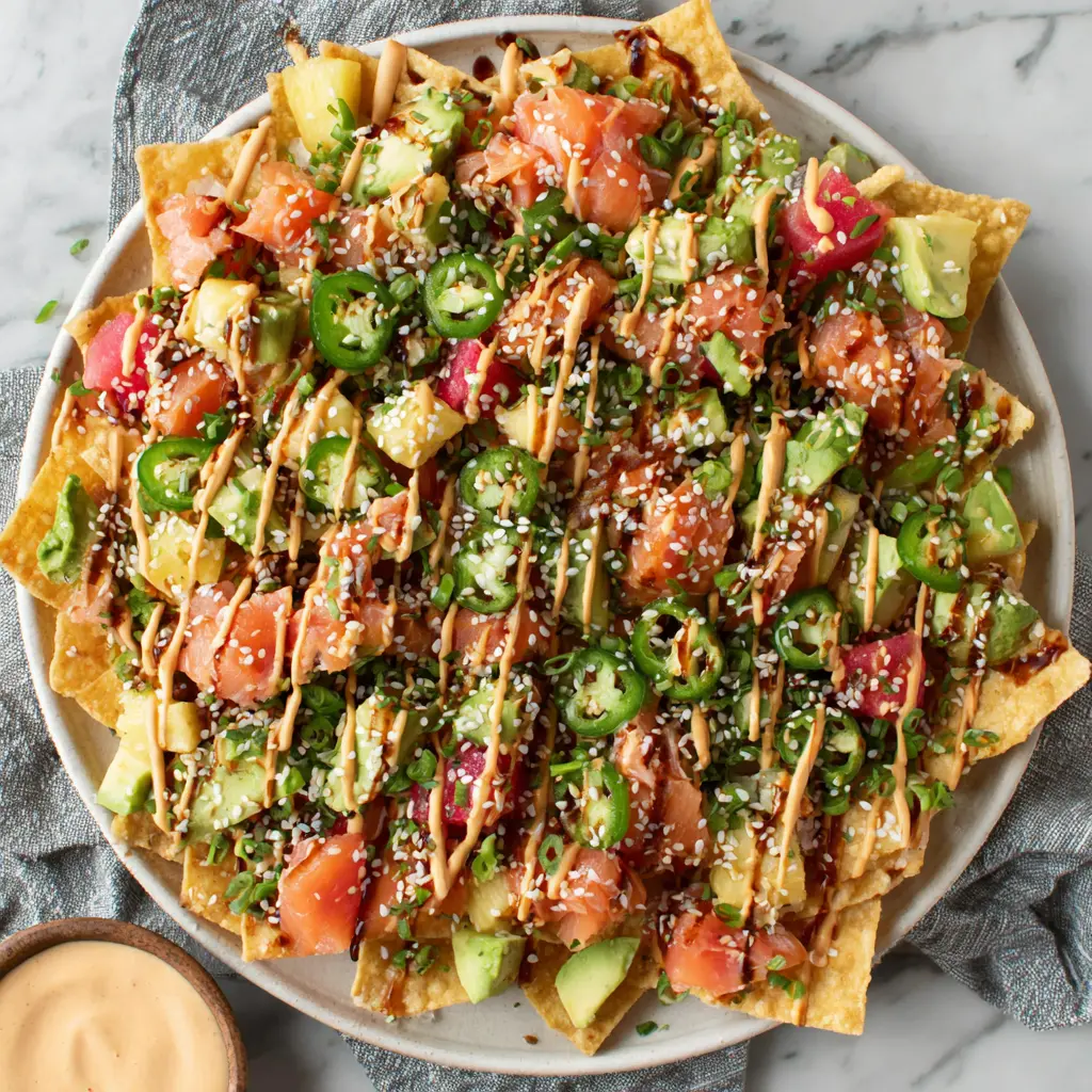 salmon poke nachos - final presentation