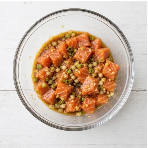 Step 3: Marinating diced salmon in poke sauce