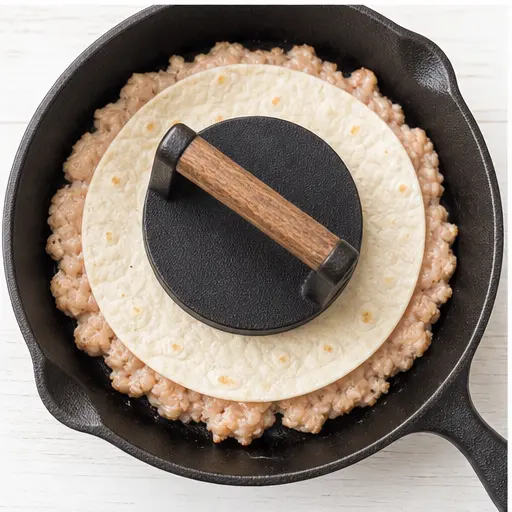 Step 3: Pressing the chicken flat with a burger press