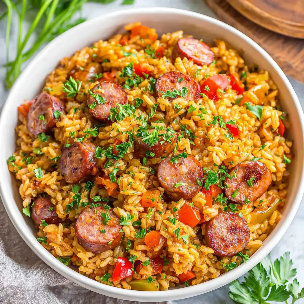 smoked sausage cajun rice skillet - final presentation