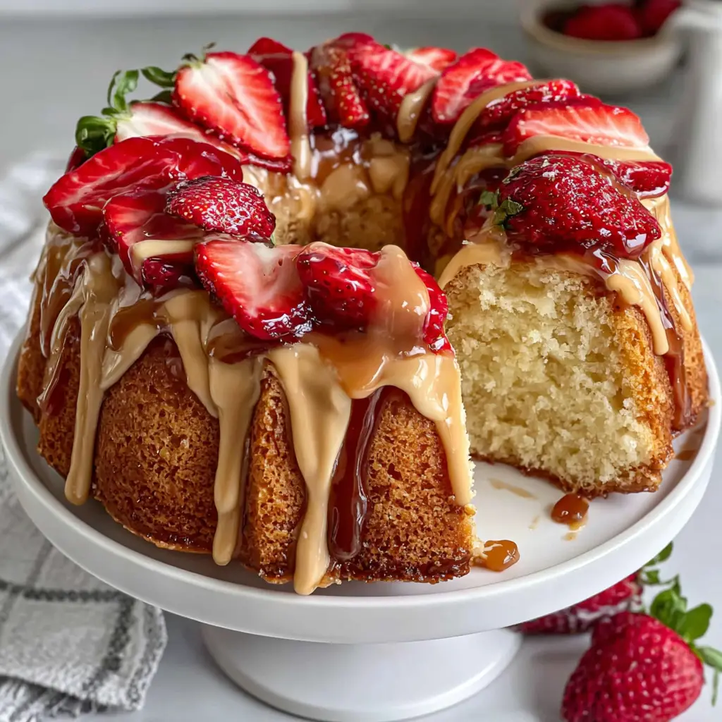 strawberry caramel cream cake - final presentation