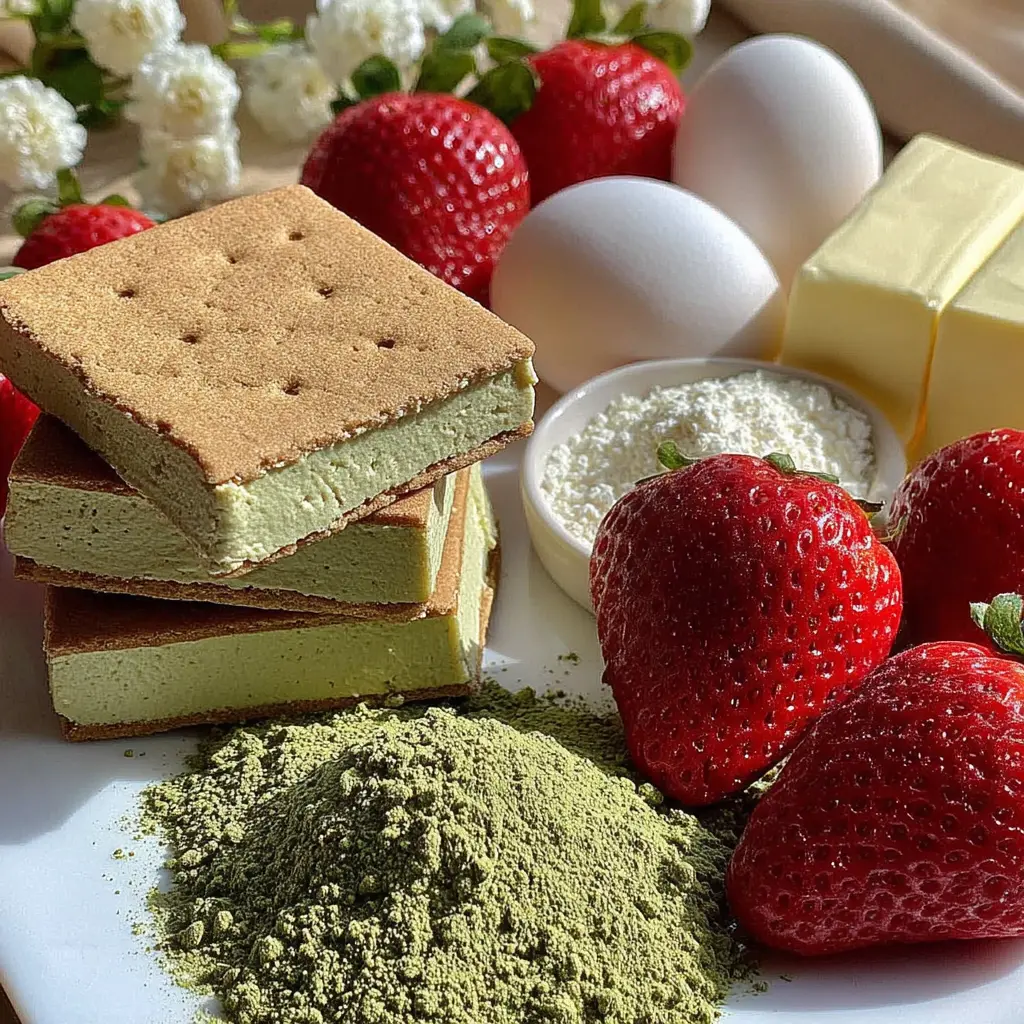 strawberry matcha cheesecake - main ingredients