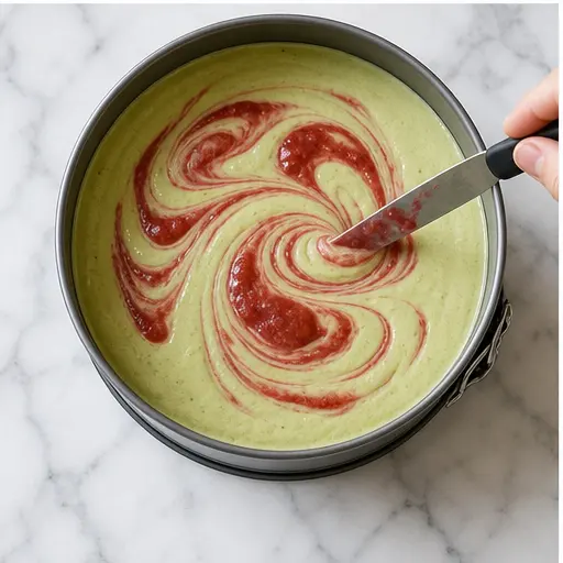 Step 3: Swirling the strawberry puree into the batter