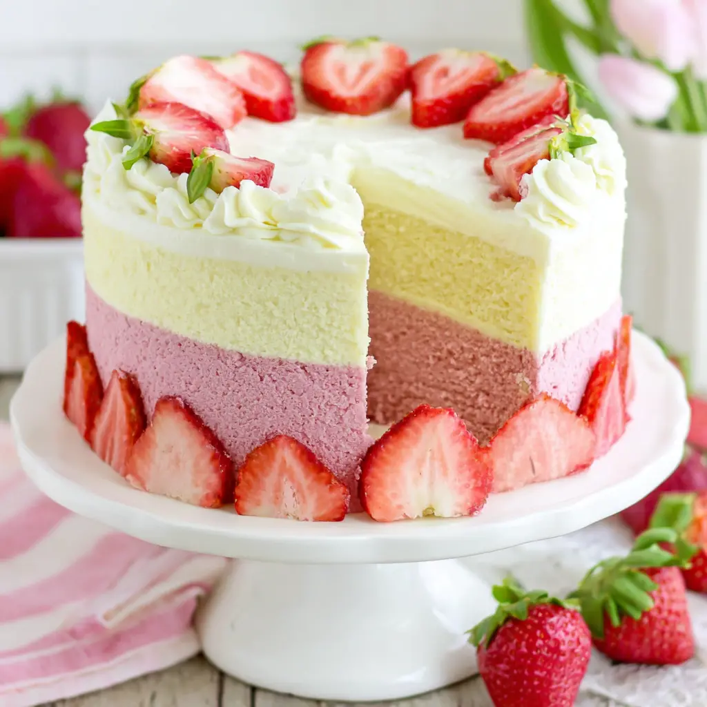 strawberry vanilla cream cheesecake cake - final presentation