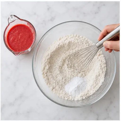 Step 2: Combining dry ingredients and strawberry puree for the cake
