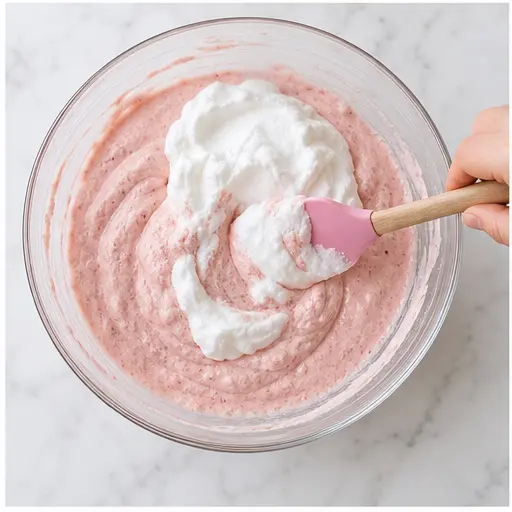 Step 3: Folding fluffy egg whites into the pink cake batter