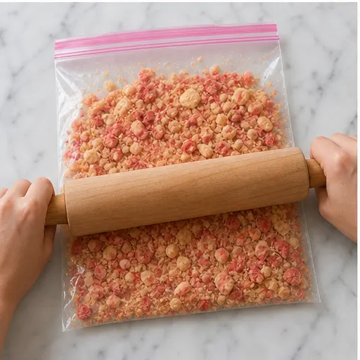 Step 3: Crushing vanilla wafers and freeze-dried strawberries for the crunch