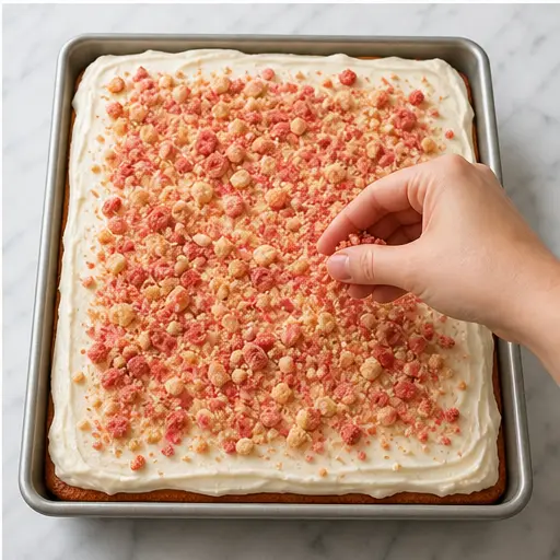 Step 4: Sprinkling the crunch topping over the vanilla frosting