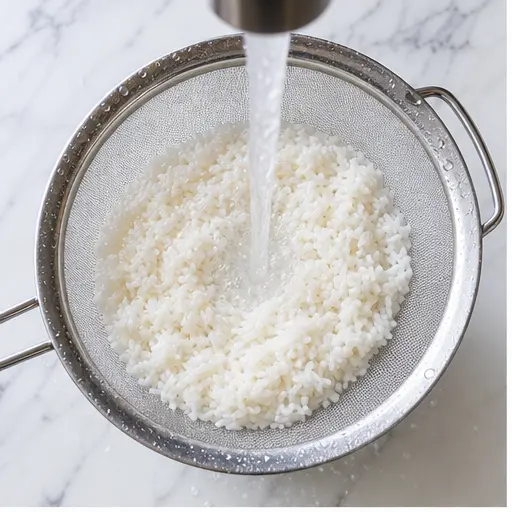 Step 1: Rinsing sushi rice in strainer