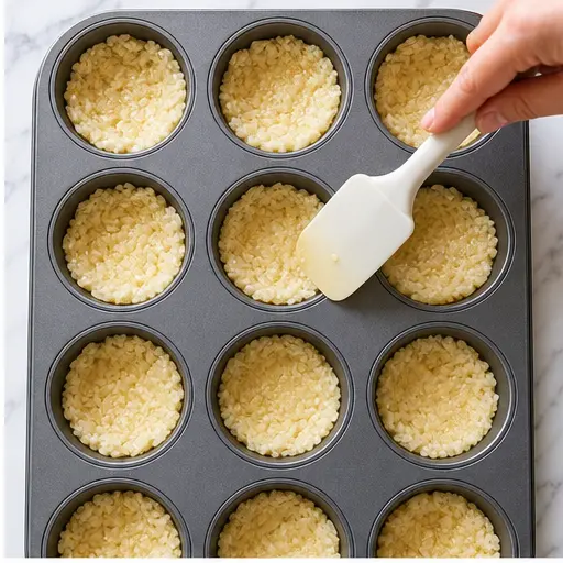 Step 2: Pressing rice into muffin tin