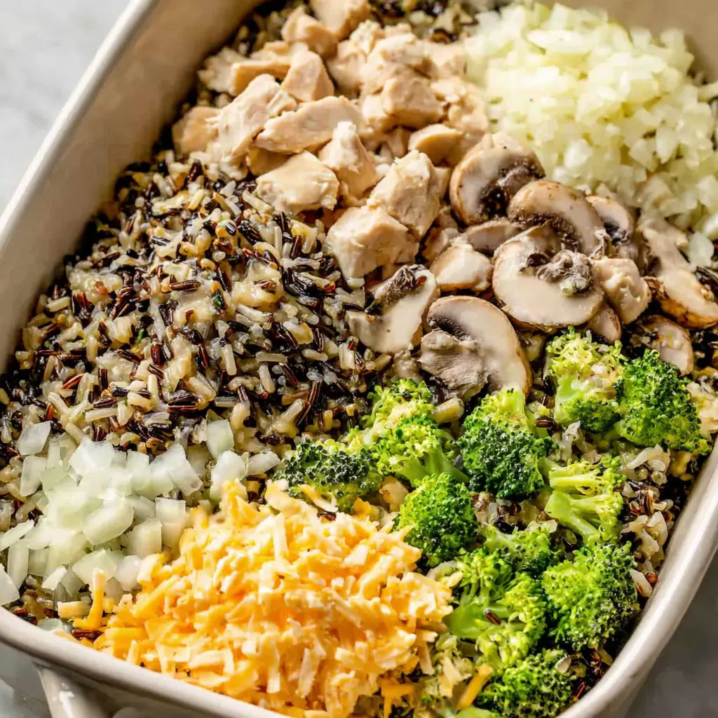 broccoli chicken cheese wild rice casserole - main ingredients