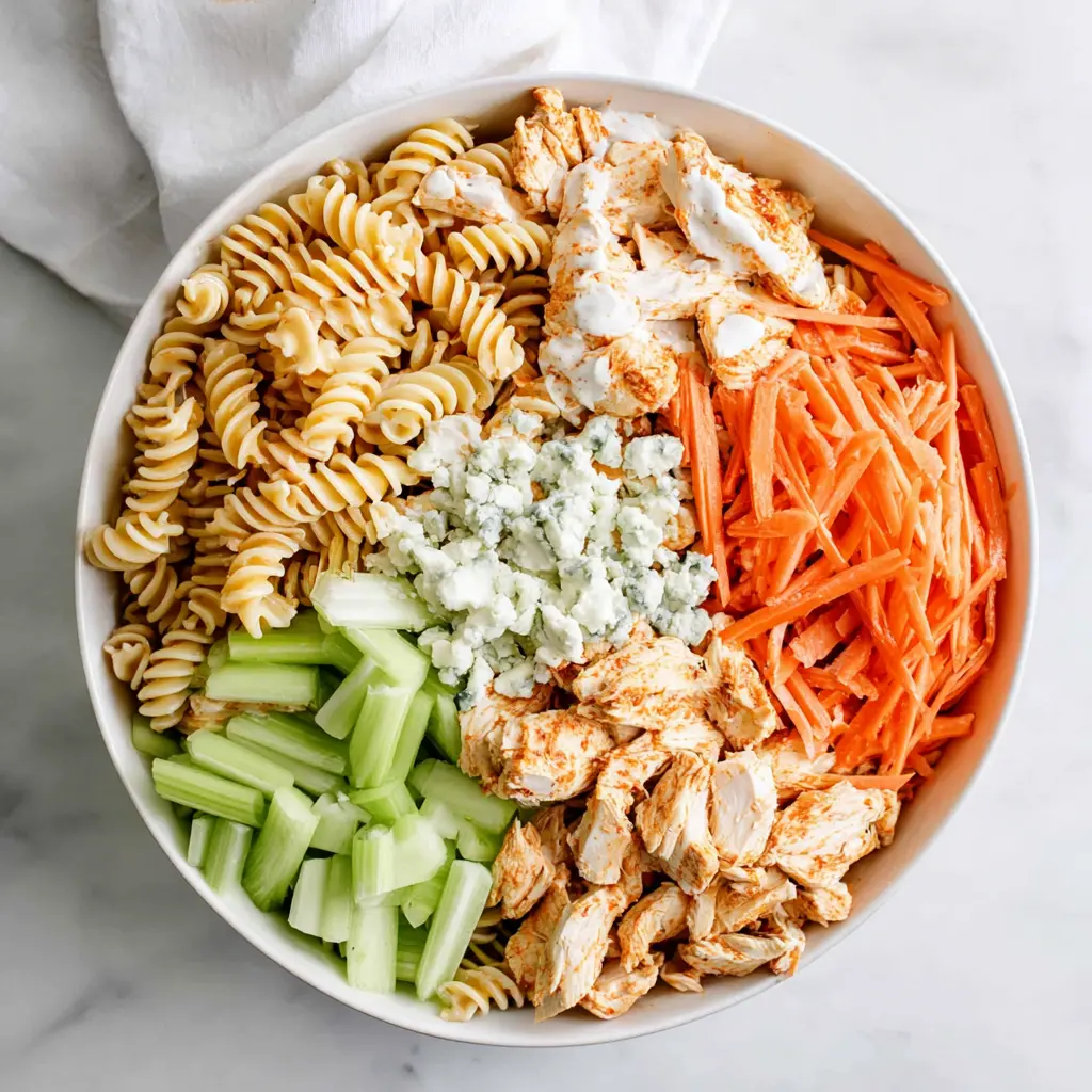 buffalo chicken pasta salad - main ingredients