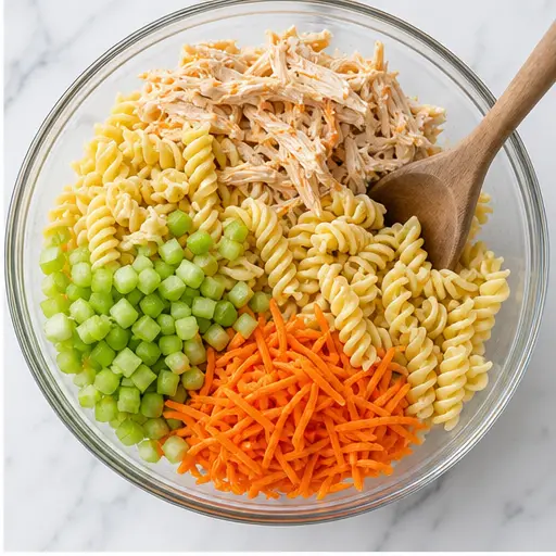 Step 2: Combine pasta, chicken, and vegetables