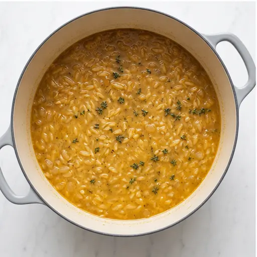 Step 3: Simmering orzo in seasoned broth