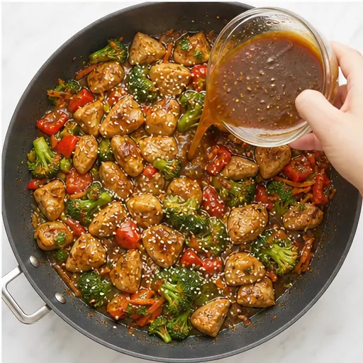 Step 4: Pouring sauce and simmering until thick and glossy