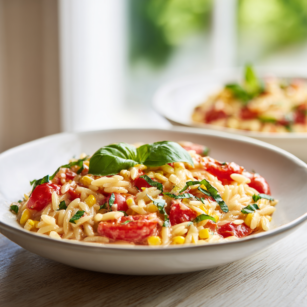 creamy corn tomato orzo - final presentation